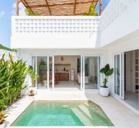 Bali Villa: Entrance to the terrace with a pool, sliding doors, plants in pots.