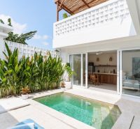 Villa in Bali with a small pool, tropical greenery, and sliding glass doors.