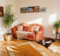 A family house with an orange sofa, plants, and paintings, with a wooden decor floor.