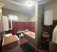 A bathroom in a family house with a bathtub, sink, washing machine, and water heater.