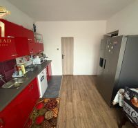 A kitchen in a family house with red cabinets and a wooden decor floor.