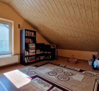 Attic room in a family house with wooden ceiling decor, carpet, and a bookshelf full of books.