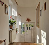 A narrow hallway in a family house with tiles, a plant, and decorative items on the walls.