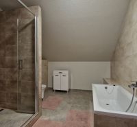 A bathroom in a family house with a bathtub, a shower corner, and light tiles.