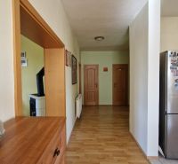 A hallway of a family house with a wooden decor floor, a refrigerator, and decorations.