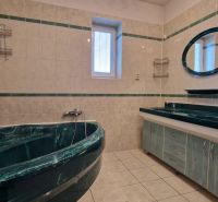 A bathroom in a family house with dark marble sinks and a bathtub.