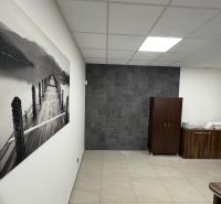 Interior of a family house with a black and white photo wallpaper, gray stone wall, and wooden furniture.