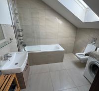 A bathroom in a family house with a bathtub, sink, toilet, and washing machine under a skylight.