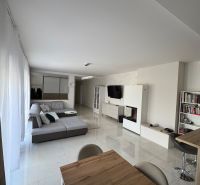 Living room in a family house with a fireplace, sofa, and dining table.