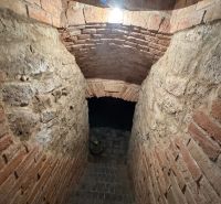 Stone stairs lead to the basement in a family house, with a brick vaulted ceiling.