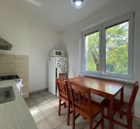 A kitchen in a 2-room apartment with a dining table and a view of greenery.