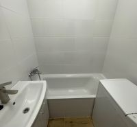 Bathroom in a 2-room apartment with a bathtub, sink, and washing machine, tiles on the walls.