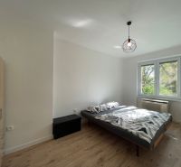 A bedroom with a bed and a wooden decor floor in a two-room apartment.