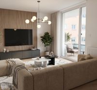 Living room with a comfortable sofa, large TV, and plants, floor with wood decor.