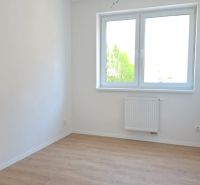 A bright room in a 3-room apartment with a wood-patterned floor and a radiator.