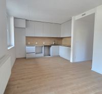 A kitchen in a 3-room apartment with white cabinets and a wood-patterned floor.