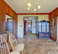 Interior of a family house with a wooden decor floor and wooden wall panels.