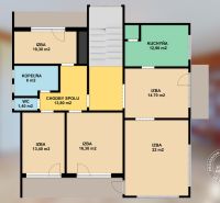 Floor plan of a family house with six rooms and a kitchen.