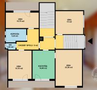 Ground floor plan of a family house with a room, bathroom, and kitchen.