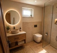 A bathroom in a family house with an illuminated mirror and a wooden decor floor.