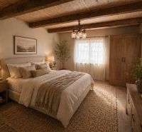 A bedroom in a family house with a wooden decor floor and rustic furniture.