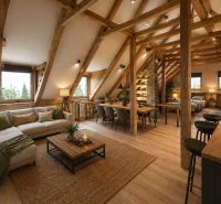 Attic space of a family house with exposed beams and a floor with a wooden decor.