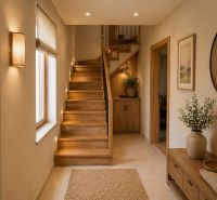 Interior of a family house with wooden stairs, furniture, and natural decorations.