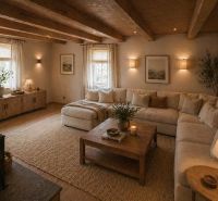 Living room in a family house with a fireplace, corner sofa, and wood-paneled ceiling.