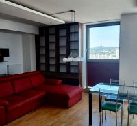 Living room in a two-room apartment with a red sofa and a wooden decor floor.
