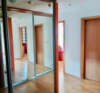 A hallway with a wooden decor floor and a mirrored wardrobe in a 2-room apartment.