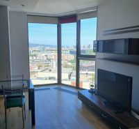 Living room in a two-room apartment with a view, wooden decor flooring, TV, dining table.