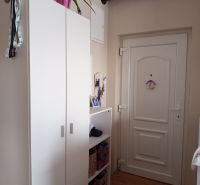 A hallway of a 3-room apartment with a white wardrobe and a wooden decor floor.