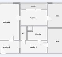 Floor plan of a 3-room apartment with a kitchen, living room, loggia, and bathroom.