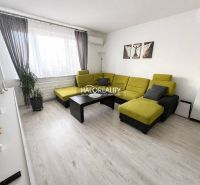 Living room of a 3-room apartment with a sofa, large window, and wood-patterned flooring.