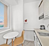 A kitchen in a 2-room apartment with a window, table, chairs, and a plant on a shelf.