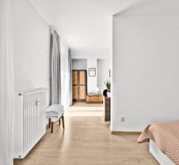 Interior of a 2-room apartment with simple decoration, wooden decor flooring, curtains.