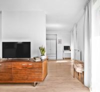 A bright living room with wood-patterned flooring and a television in a 2-room apartment.
