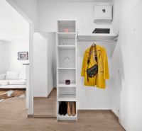 Hallway of a 2-room apartment with a shelf, mirror, and floor with a wood decor.