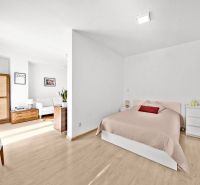 Bright bedroom in a two-room apartment with wood-patterned flooring and cozy furniture.