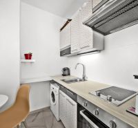 A kitchen in a 2-room apartment with a dishwasher, washing machine, and coffee maker.