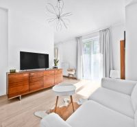 Bright living room in a 2-room apartment with wood-decor flooring and a TV.