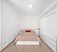 Bedroom in a two-room apartment with a wooden decor floor, white furniture, and a plant.