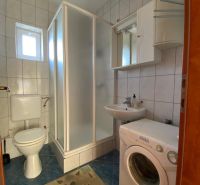Bathroom in a holiday apartment with a washing machine, shower, and toilet.
