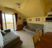 Living area of the Holiday Apartment with sofas, refrigerator, and balcony view of the sea.