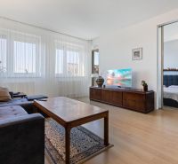 Living room of a two-room apartment with a sofa, table, and television on wooden furniture.