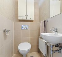 Bathroom in a 2-room apartment with a toilet, sink, and storage space.