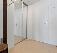 Entrance hall in a 2-room apartment with a large mirrored wardrobe and tiles.