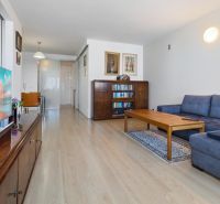 Living room in a two-room apartment with a wooden decor floor and a large sofa.