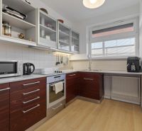 A kitchen in a 2-room apartment with a kitchenette and appliances, flooring with a wood decor.