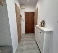A hallway in a 3-room apartment with a shoe cabinet, wooden doors, and a gray floor.